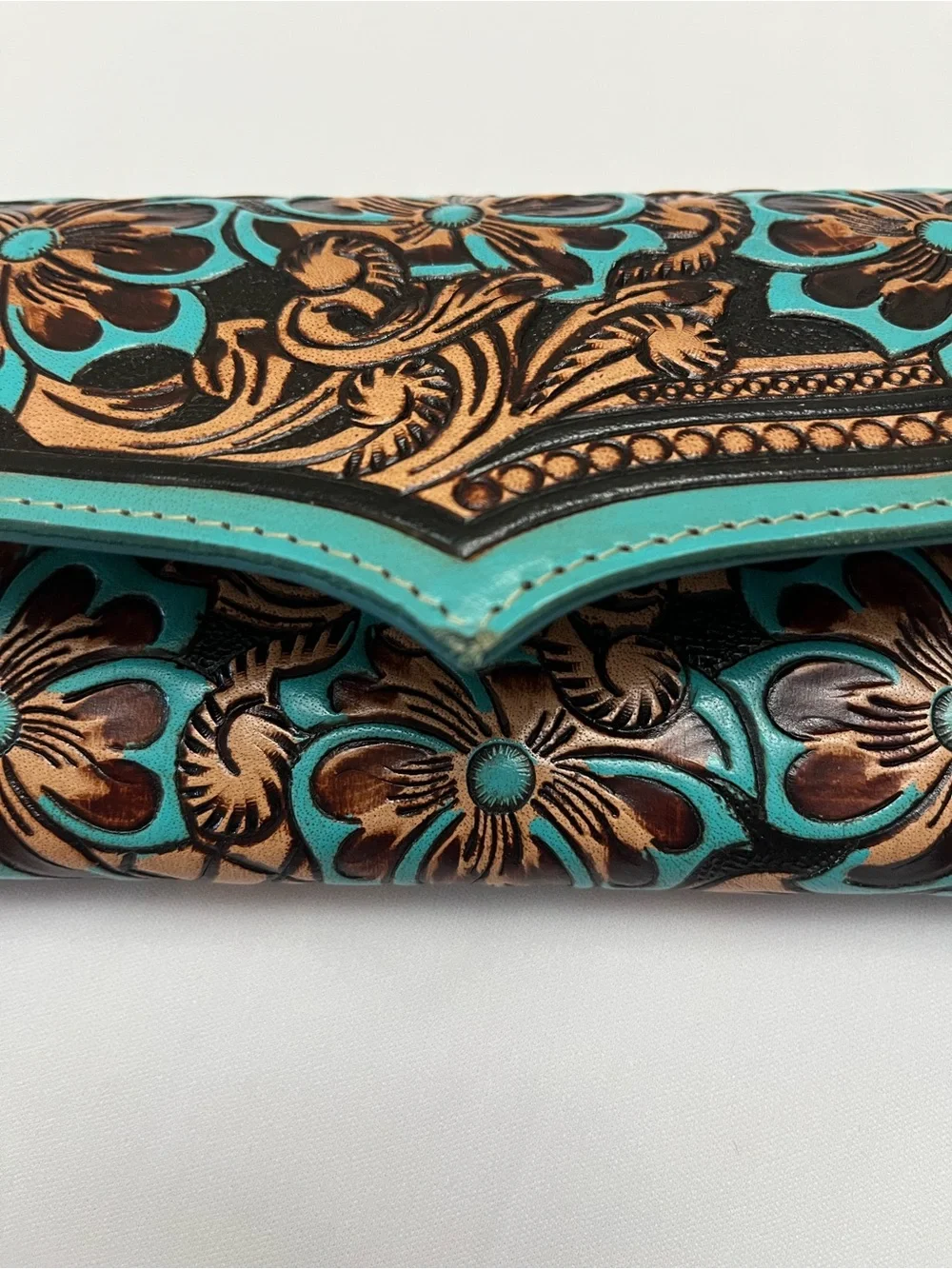 Myra Flower Crest Tooled Leather Wallet Floral Embossed With Turquose Accents